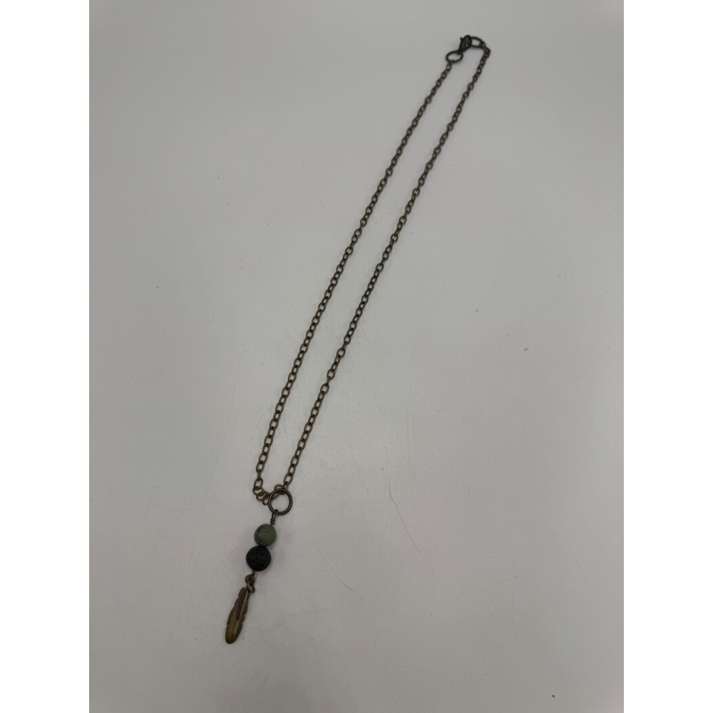 Antique Bronze Feather Pendant Necklace Green Stone Lava Rock Bead Boho 22 Inch